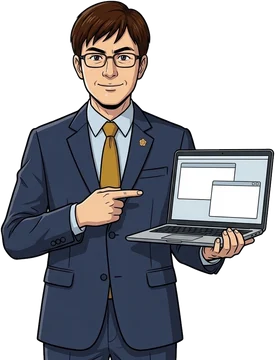 노트북 화면을 가리키는 조성욱 변호사 캐릭터